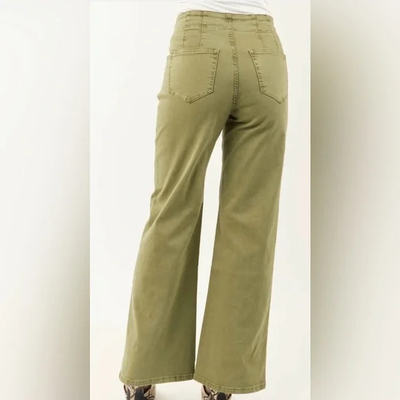 Mica Olive Green Wide Leg Jeans High Rise Stretch Denim Size 31 Trendy Boho - Picture 2 of 5